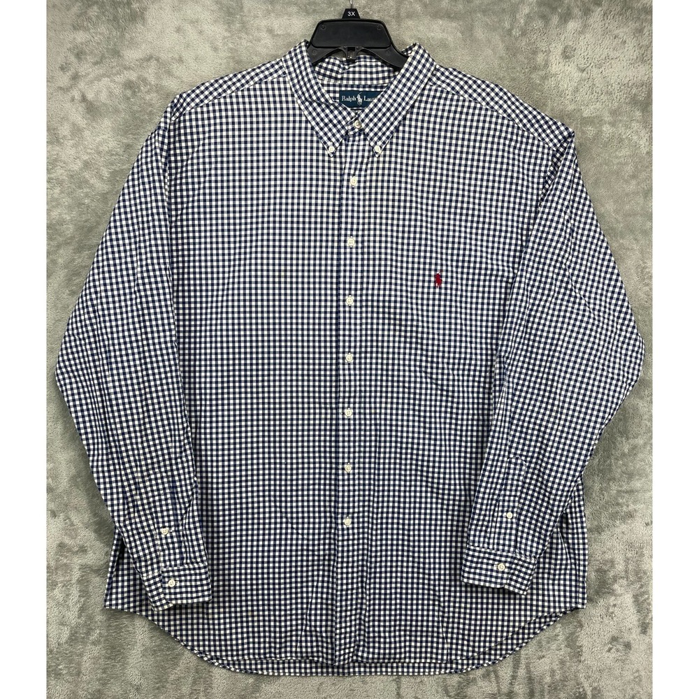 Ralph Lauren Mens Shirt 4XLT Navy Gingham Classic Fit Logo Long Sleeve Button Up